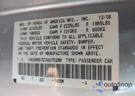 2007 Honda Accord 2.4 Ex z USA, uszkodzony, nr VIN 1HGCM56727A075288